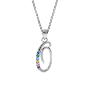 COLLIER ARGENT RHODIÉ PENDENTIF INITIALE  O  OXYDES MULTI COULEURS SERTIS 42+3CM