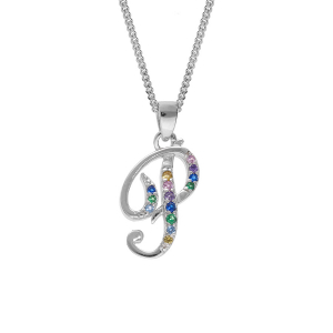 COLLIER ARGENT RHODIÉ PENDENTIF INITIALE  P  OXYDES MULTI COULEURS SERTIS 42+3CM