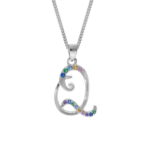 COLLIER ARGENT RHODIÉ PENDENTIF INITIALE  Q  OXYDES MULTI COULEURS  SERTIS 42+3CM