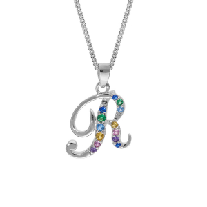 COLLIER ARGENT RHODIÉ PENDENTIF INITIALE  R  OXYDES MULTI COULEURS SERTIS 42+3CM