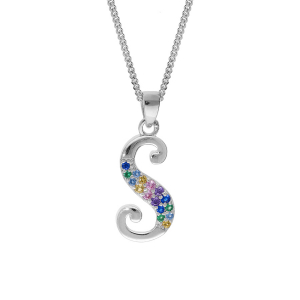 COLLIER ARGENT RHODIÉ PENDENTIF INITIALE  S  OXYDES MULTI COULEURS SERTIS 42+3CM