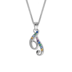 COLLIER ARGENT RHODIÉ PENDENTIF INITIALE  T  OXYDES MULTI COULEURS SERTIS 42+3CM