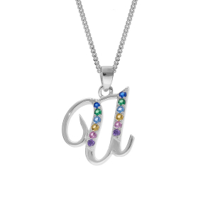 COLLIER  ARGENT RHODIÉ PENDENTIF INITIALE  U  OXYDES MULTI COULEURS SERTIS 42+3CM