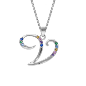 COLLIER ARGENT RHODIÉ PENDENTIF INITIALE  V  OXYDES MULTI COULEURS SERTIS 42+3CM