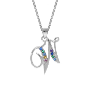 COLLIER ARGENT RHODIÉ PENDENTIF INITIALE  W  OXYDES MULTI COULEURS SERTIS 42+3CM