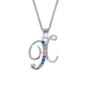 COLLIER ARGENT RHODIÉ PENDENTIF INITIALE  X  OXYDES MULTI COULEURS SERTIS 42+3CM