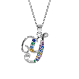 COLLIER ARGENT RHODIÉ PENDENTIF INITIALE  Y  OXYDES MULTI COULEURS SERTIS 42+3CM