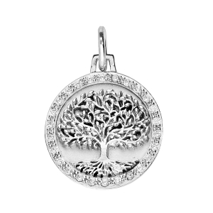 PENDENTIF ARGENT RHODIÉ ROND 16MM ARBRE DE VIE CONTOUR OXYDES BLANCS SERTIS