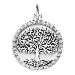 PENDENTIF ARGENT RHODIÉ ROND 20MM ARBRE DE VIE CONTOUR OXYDES BLANCS SERTIS