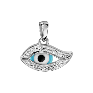 PENDENTIF ARGENT RHODIÉ OEIL DE LA CHANCE PIERRES BLANCHES