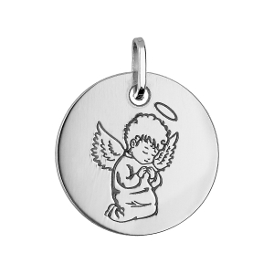 PENDENTIF ARGENT RHODIÉ MEDAILLE RONDE GRAVURE ANGE