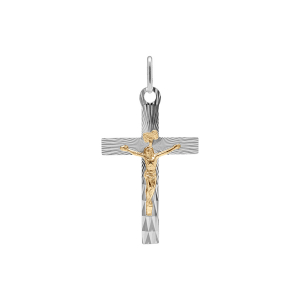 PENDENTIF ARGENT RHODIÉ ET DORÉ  JÉSUS SUR CROIX DIAMANTÉ 34MM x 20 MM