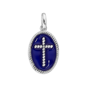 PENDENTIF ARGENT RHODIÉ OVALE CROIX SUR FOND RÉSINE BLEU FONCÉ