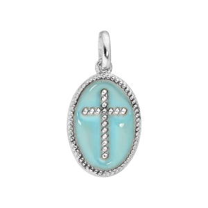 PENDENTIF ARGENT RHODIÉ OVALE CROIX SUR FOND RÉSINR BLEU CIEL