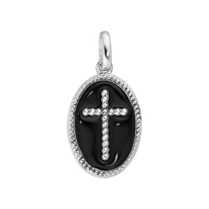 PENDENTIF ARGENT RHODIÉ OVALE CROIX SUR FOND NOIR OXYDES BLANCS SERTIS