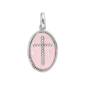 PENDENTIF ARGENT RHODIÉ OVALE CROIX SUR FOND ROSE PALE