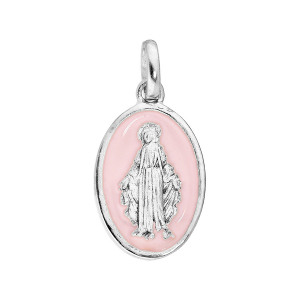 PENDENTIF ARGENT RHODIÉ OVALE MIRACULEUSE FOND ROSE PALE