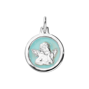 PENDENTIF ARGENT RHODIÉ OVALE ANGE SUR FOND RÉSINR BLEU CIEL