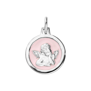 PENDENTIF ARGENT RHODIÉ OVALE ANGE SUR FOND RÉSINE ROSE PALE
