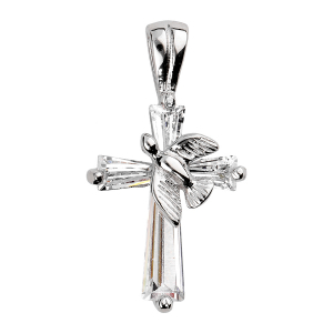 PENDENTIF CROIX ARGENT RHODIÉ AVEC COLOMBE OXYDES BLANCS SERTIS