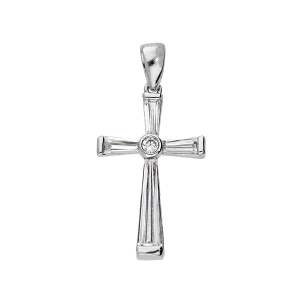 PENDENTIF CROIX ARGENT RHODIÉ 4 BAGUETTES PROFILÉS OXYDES BLANCS SERTIS