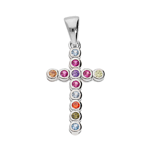 PENDENTIF CROIX ARGENT RHODIÉ EMPIERRE MULTICOULEUR DIM 20 X 12 MM