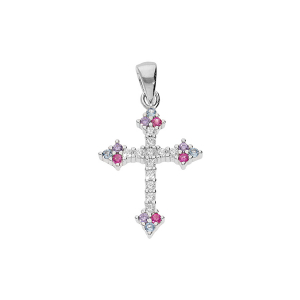 PENDENTIF CROIX ARGENT RHODIÉ OXYDES BLANCS ET MULTI COULEUR DIM 20 MM X 15 MM