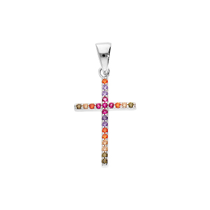 PENDENTIF CROIX ARGENT RHODIÉ EMPIERREE MULTI COULEUR DIM 20 MM X 14 MM