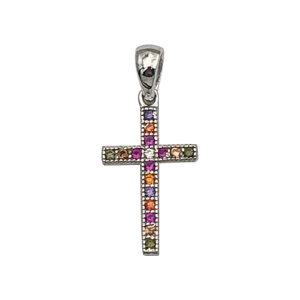 PENDENTIF CROIX ARGENT RHODIÉ EMPIERREE MULTI COULEUR DIM 15 MM X 9 MM