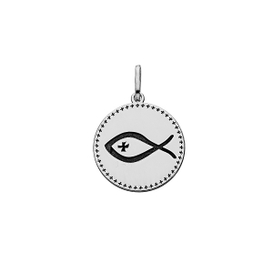 PENDENTIF ARGENT RHODIÉ MEDAILLE RELIGIEUSE GRAVURE ICHTHUS (POISSON)