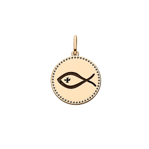 PENDENTIF ARGENT ET DORURE JAUNE MEDAILLE RELIGIEUSE GRAVURE ICHTHUS (POISSON)