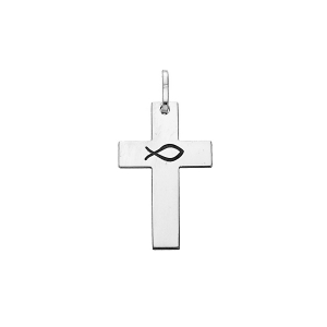PENDENTIF ARGENT RHODIÉ CROIX GRAVURE ICHTHUS (POISSON)