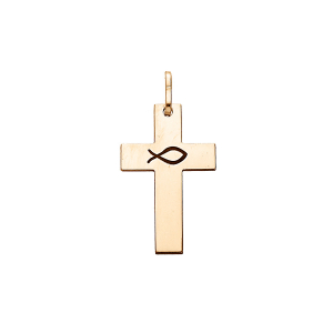 PENDENTIF ARGENT ET DORURE JAUNE CROIX GRUVURE ICHTHUS (POISSON)