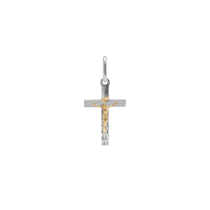 PENDENTIF ARGENT RHODIÉ ET DORÉ  JÉSUS SUR CROIX DIAMANTÉ