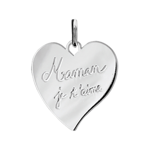 PENDENTIF ARGENT RHODIÉ COEUR GRAVE (Maman je t'aime)