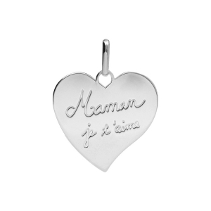 PENDENTIF ARGENT RHODIÉ COEUR GRAVE (Maman je t'aime)