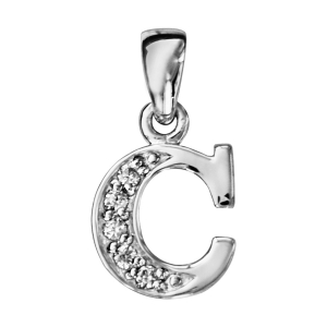 PENDENTIF ARGENT RHODIÉ INITIALE C  OXYDES BLANCS