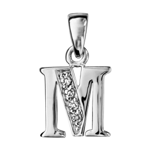 PENDENTIF ARGENT RHODIÉ INITIALE M  OXYDES BLANCS