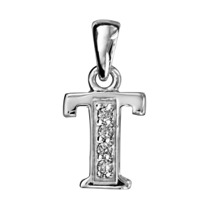 PENDENTIF ARGENT RHODIÉ INITIALE T OXYDES BLANCS