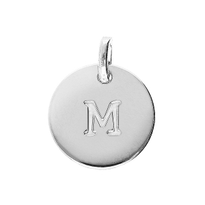 PENDENTIF ARGENT RHODIÉ MEDAILLE 12MM GRAVURE ALPHABET M