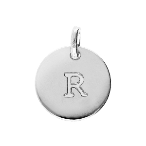 PENDENTIF ARGENT RHODIÉ MEDAILLE 12MM GRAVURE ALPHABET R