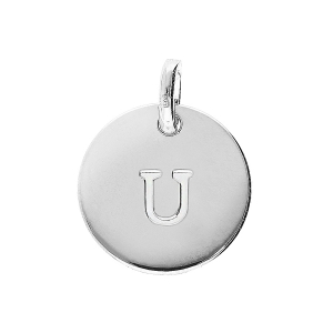 PENDENTIF ARGENT RHODIÉ MEDAILLE 12MM GRAVURE ALPHABET U