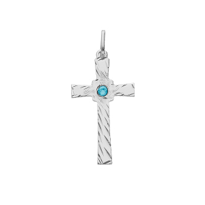 PENDENTIF ARGENT RHODIÉ CROIX DIAMANTÉ OXYDE BLEU CIEL