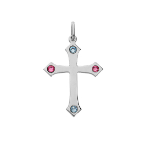 PENDENTIF ARGENT RHODIÉ CROIX 4 OXYDES ROSE ET BLEU CIEL