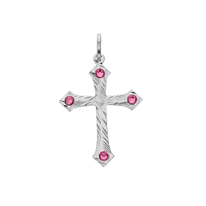 PENDENTIF ARGENT RHODIÉ CROIX DIAMANTÉ OXYDES ROSE