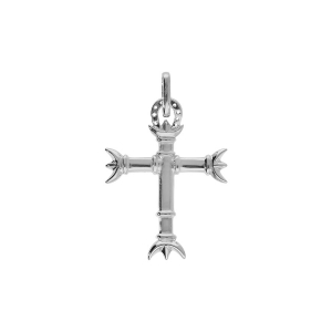 PENDENTIF ARGENT PLATINÉ CROIX CAMARGUAISE PETIT MODELE  (24mm x 19 mm) AVEC TRIDENTITE ET FER A CHEVAL