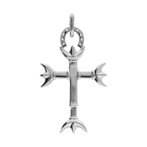 PENDENTIF ARGENT PLATINÉ CROIX CAMARGUAISE GRAND MODELE  (37 mm x 22 mm)  AVEC TRIDENTITE ET FER A CHEVAL