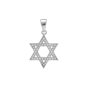 PENDENTIF ARGENT RHODIÉ ETOILE DE DAVIDENTITE SERTIE OXYDES BLANCS14.5MM X 23MM