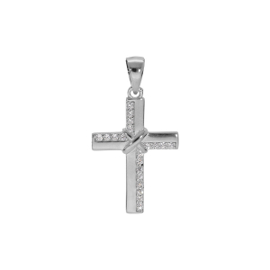 PENDENTIF ARGENT RHODIÉ CROIX AVEC OXYDES BLANCS SERTIS 23X17MM