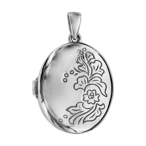 PENDENTIF ARGENT RHODIÉ CASSOLETTE OVALE MOTIF FLEUR  (1 OU 2 PHOTOS DROITE ET GAUCHE)